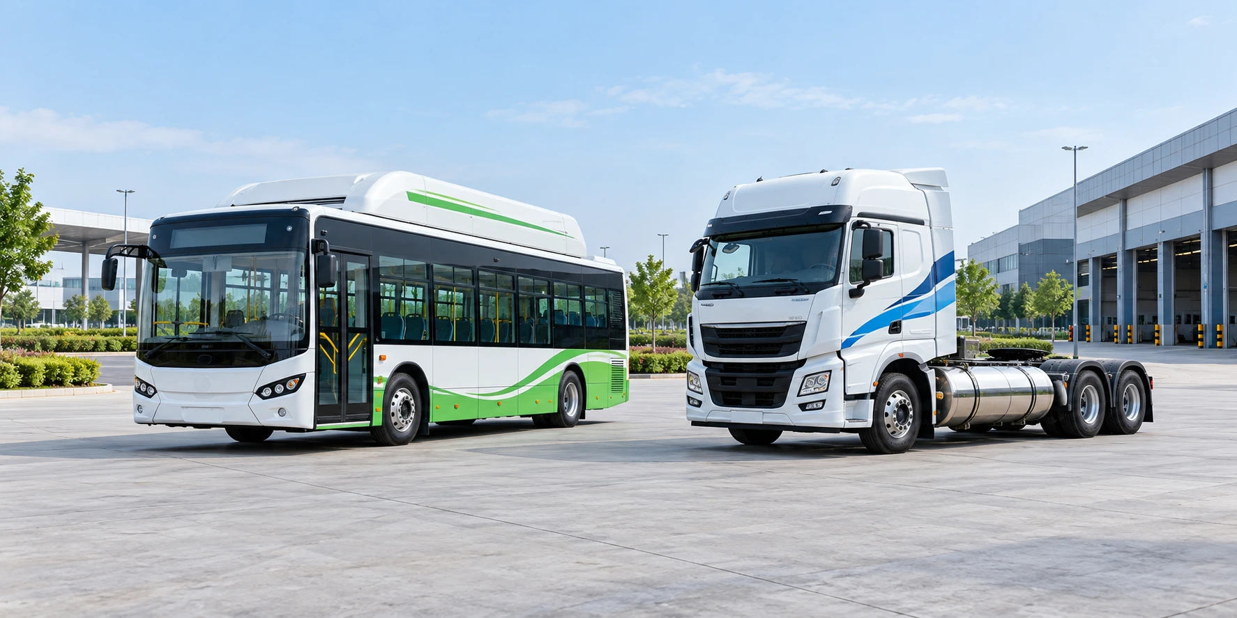 Illustrative CNG bus and LNG heavy-duty truck at a modern transport depot